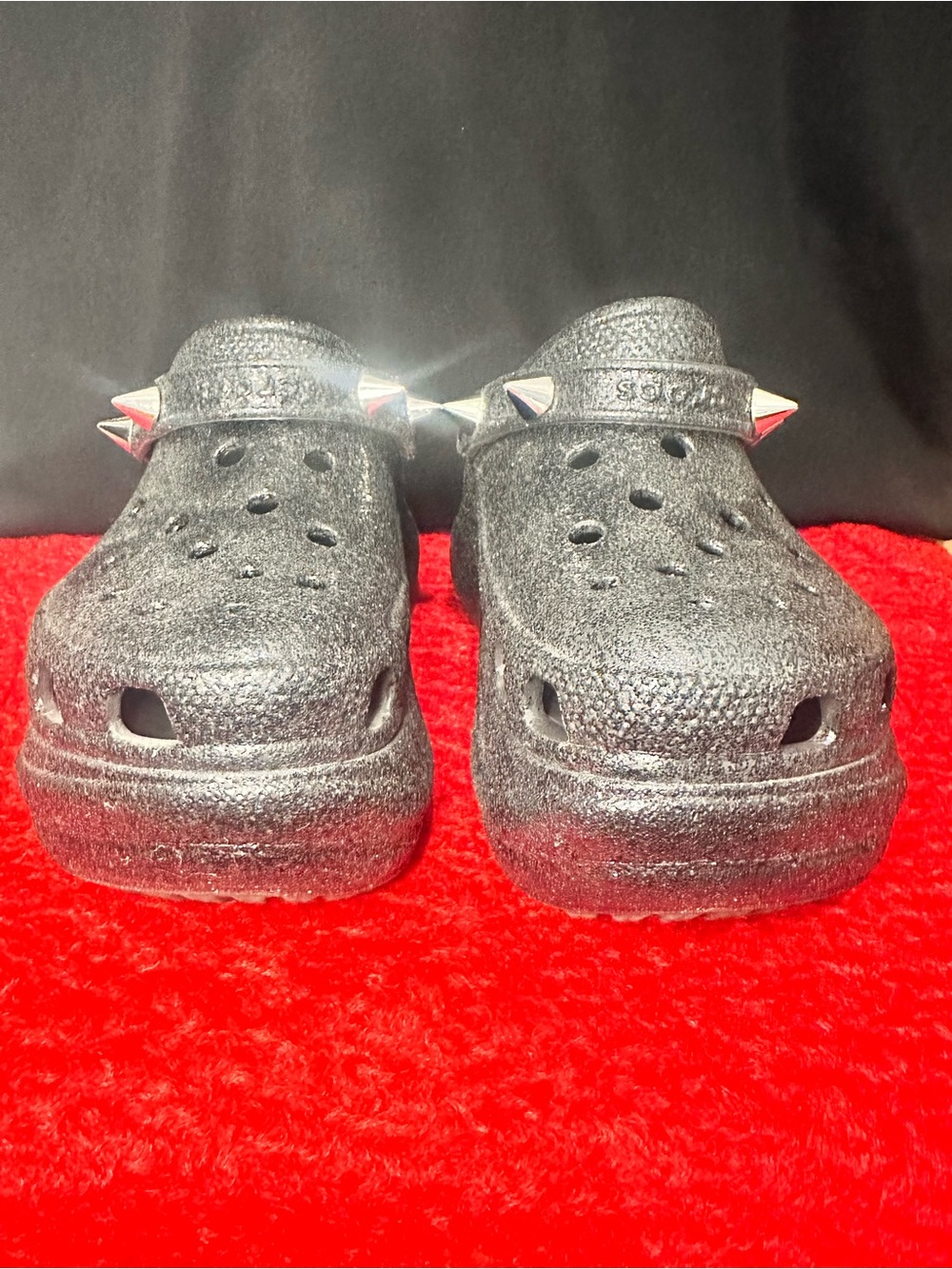 CROCS Black Glitter Platform Clogs with Silver Spike Accent